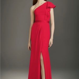 long one-shoulder bridesmaid dress with ruffles white by vera wang A-Line/Princess One-Shoulder Long Bridesmaid Dresses With Split Side